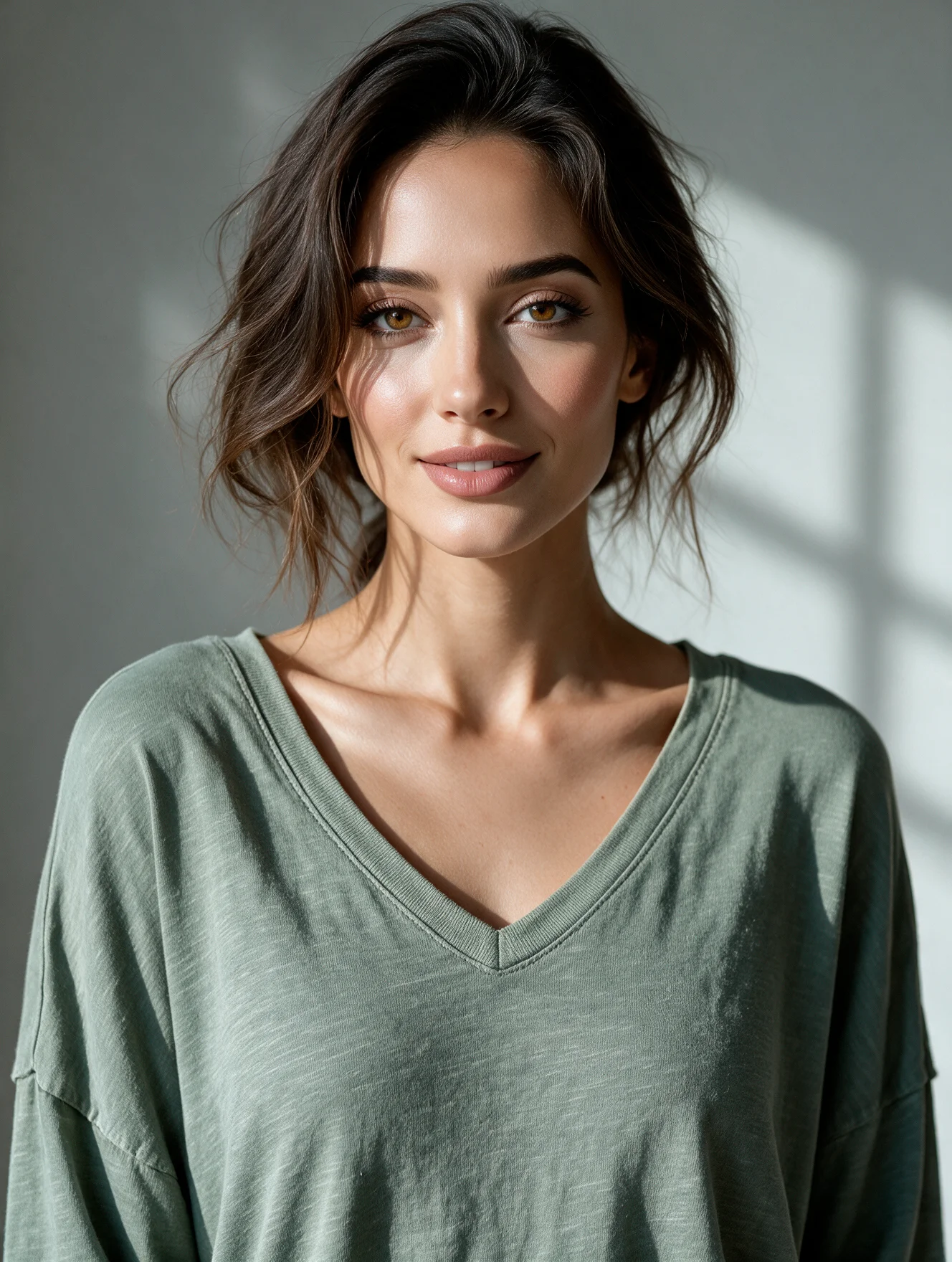 Bluzka bawełniana w serek oversize oliwkowa - obrazek 4
