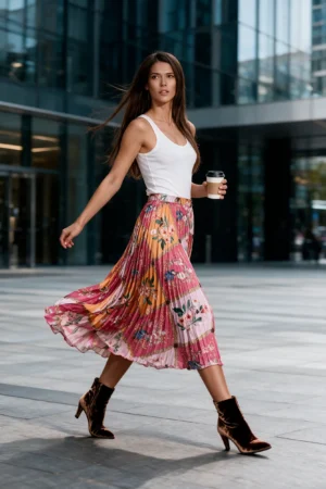 Spódnica plisowana w kwiaty midi w dynamicznym ruchu na modelce